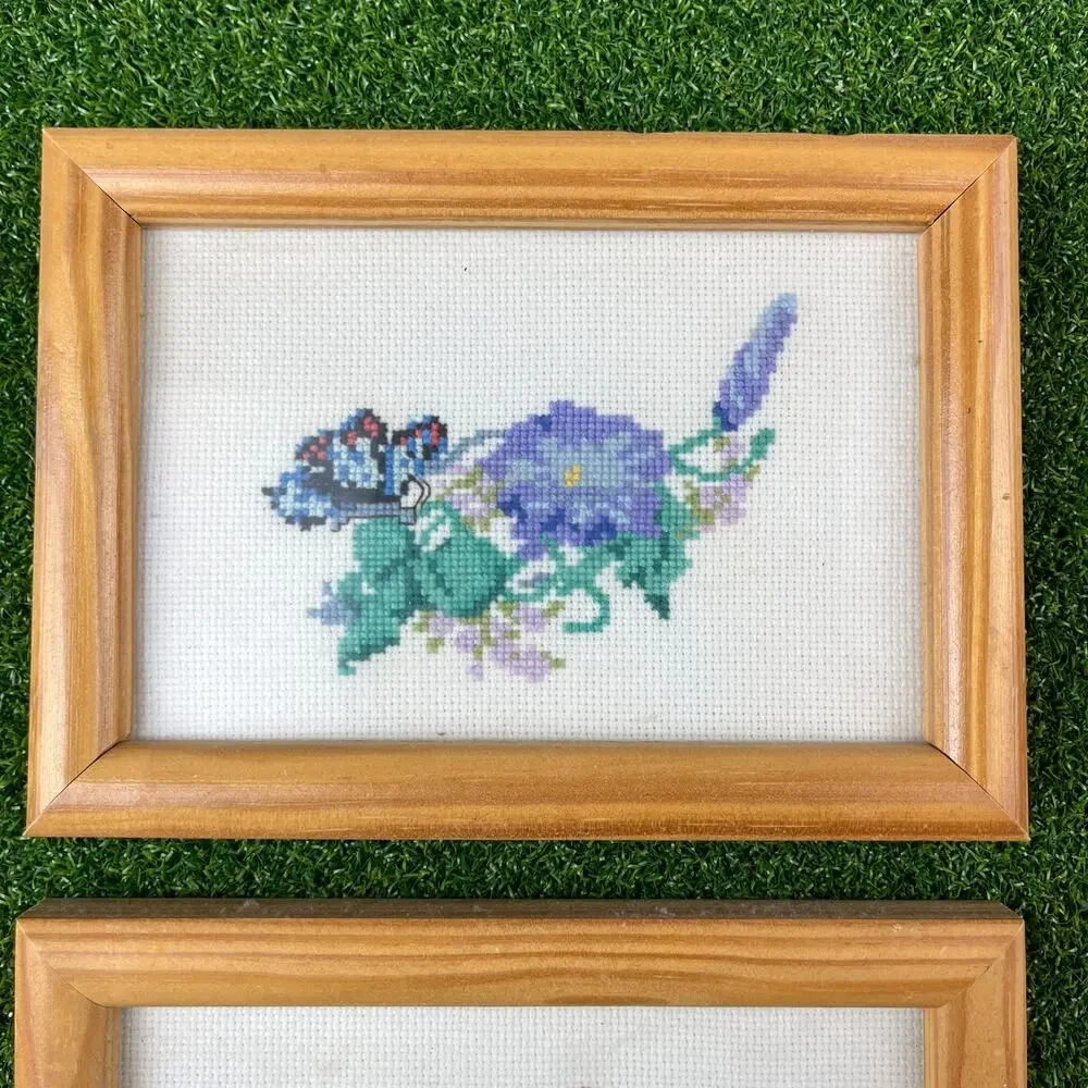 Vintage Lot of 2 Hand Stitched Alicia Floral Butterfly Wooden Frame